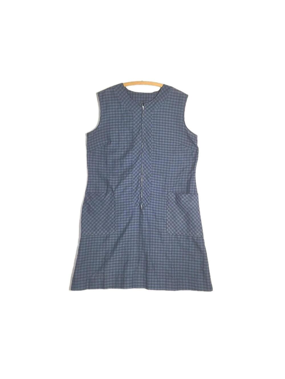 Vtg 60s Plaid Dress Black Blue Gingham Cotton L Metal Zipper Front House Dress
